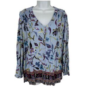 J. Jill Floral Button-Front Long Sleeve Womens Blouse W/ Boho Border Print Sz 1X